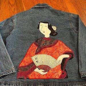 vintage art to wear  Denim Jacket with Asian geisha appliqued design. Size med